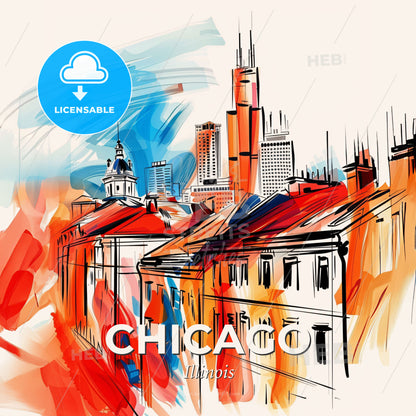 Vibrant Chicago, Illinois - A Painting Of Buildings And A City - Square format print template