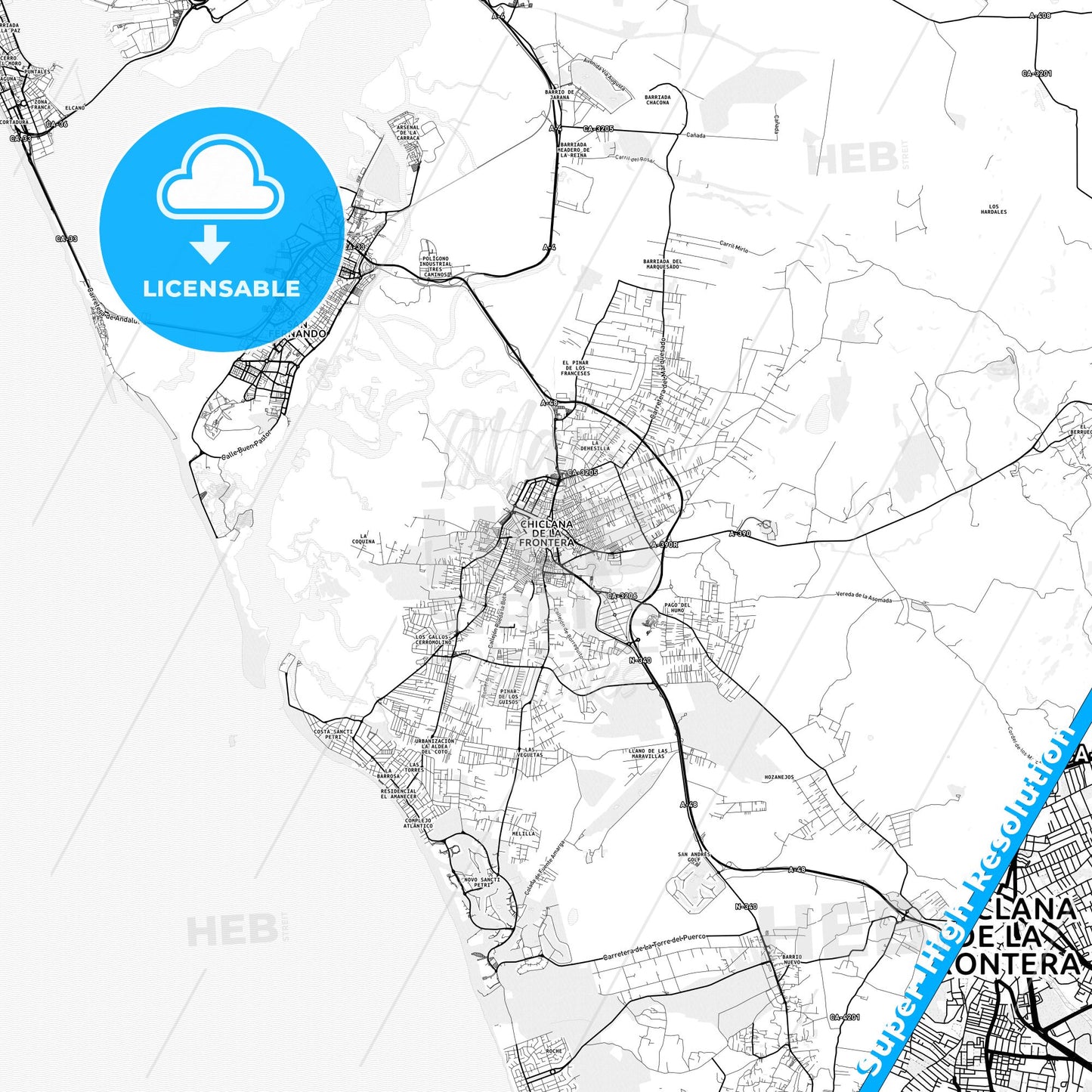 Chiclana de la Frontera, Spain light map with streetnames, citynames and districts