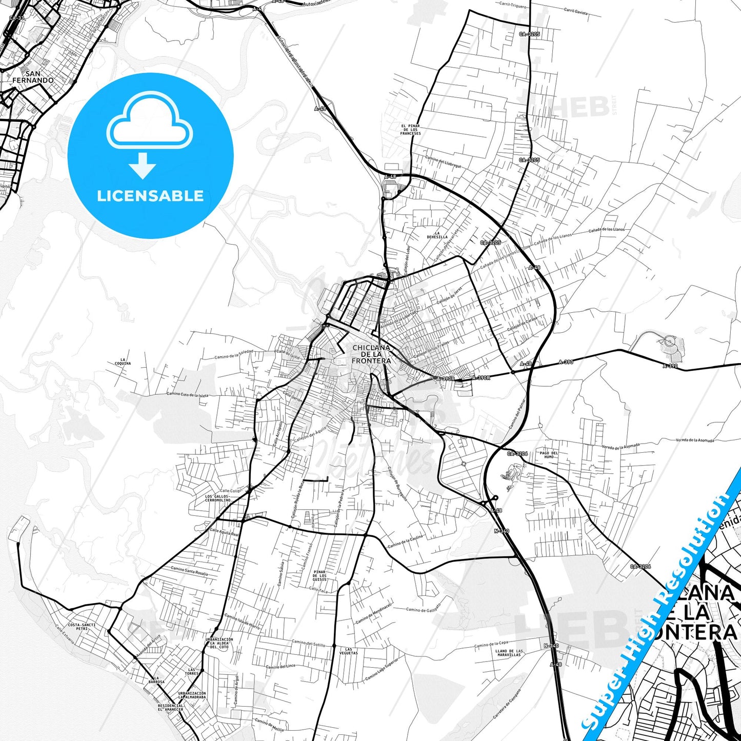 Chiclana de la Frontera, Spain Light Map with Street Names, City Names, and Districts