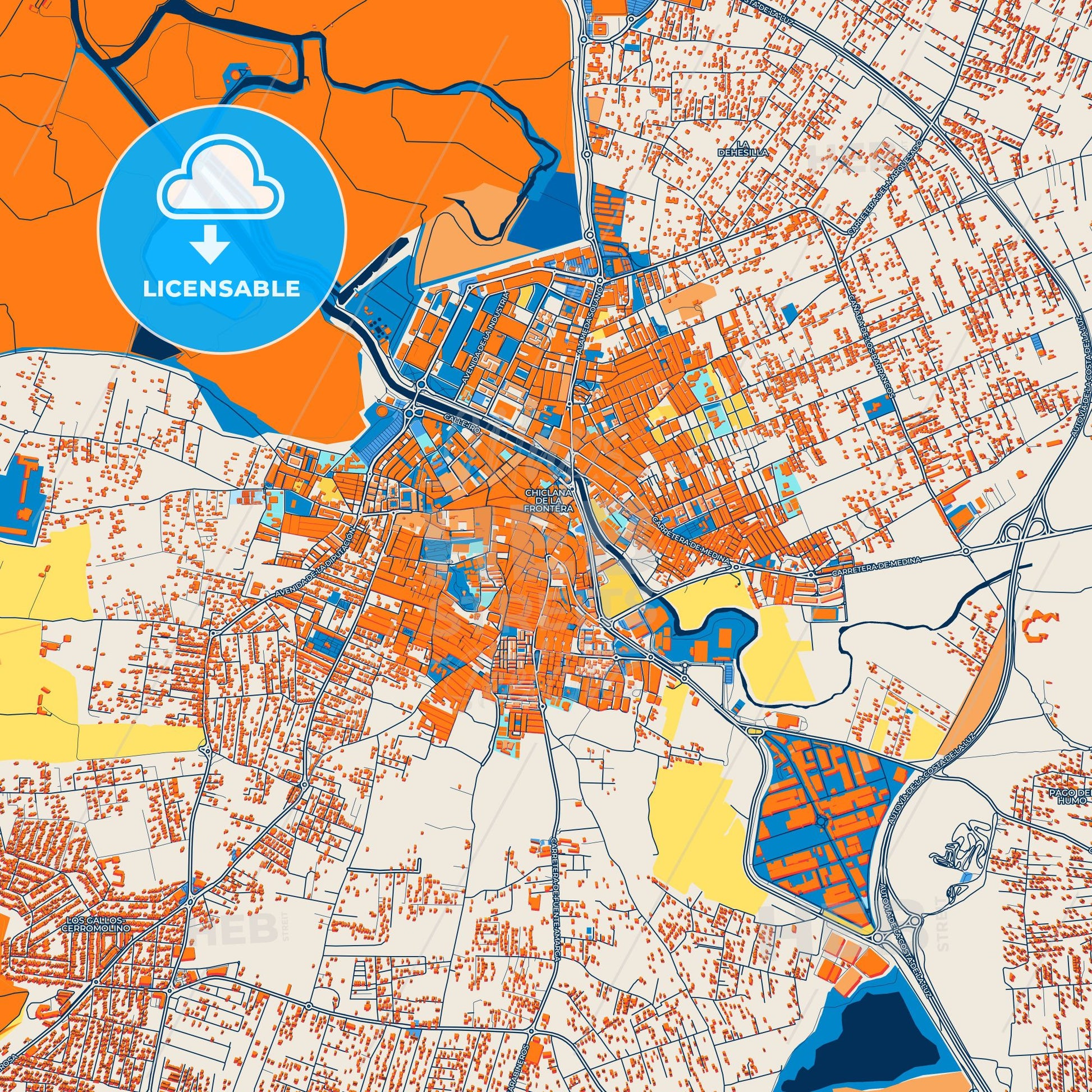 Colorful Chiclana de la Frontera Street Map with Labels and Buildings
