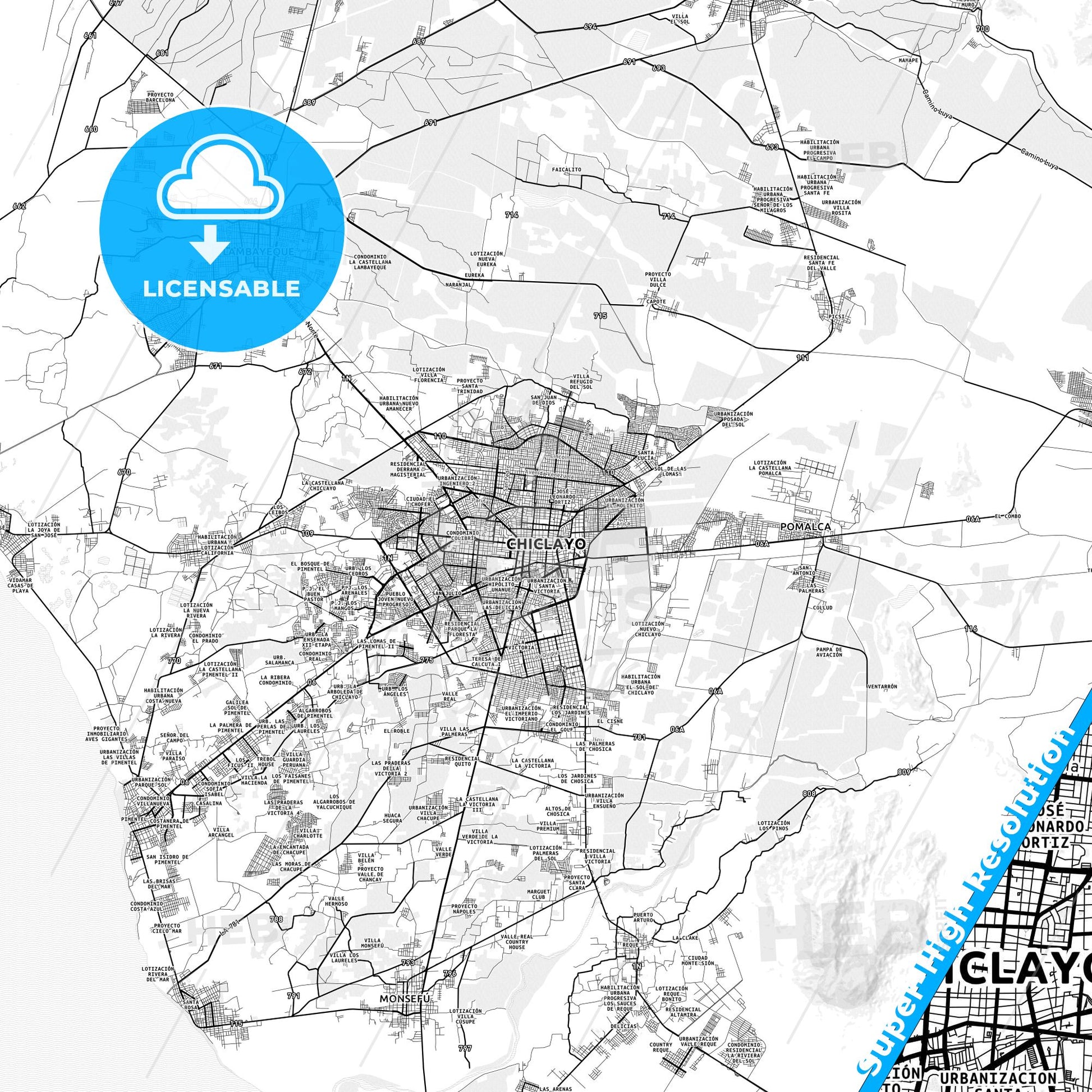 Chiclayo, Peru light map with streetnames, citynames and districts