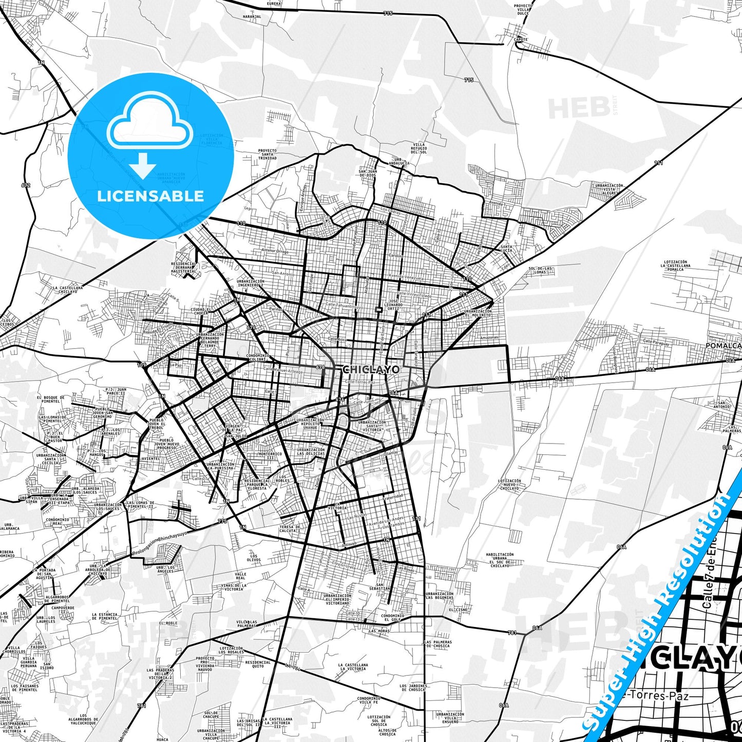 Chiclayo, Peru Light Map with Street Names, City Names, and Districts