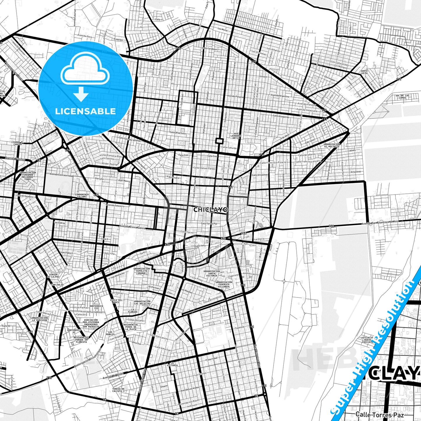 Chiclayo, Peru Light Map with Street Names, City Names, and Districts