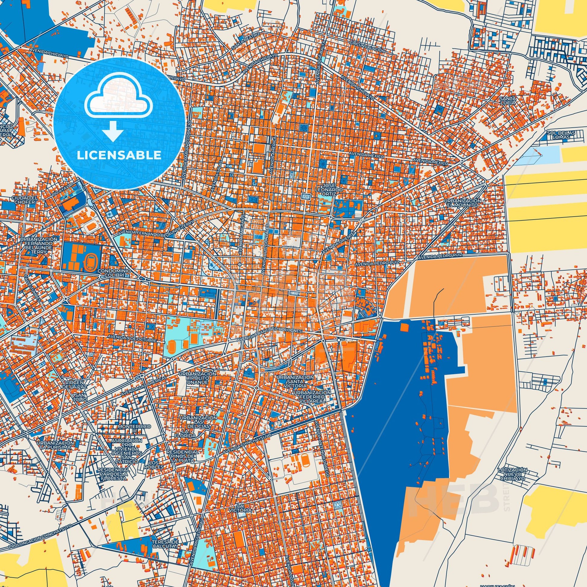 Colorful Chiclayo Street Map with Labels and Buildings