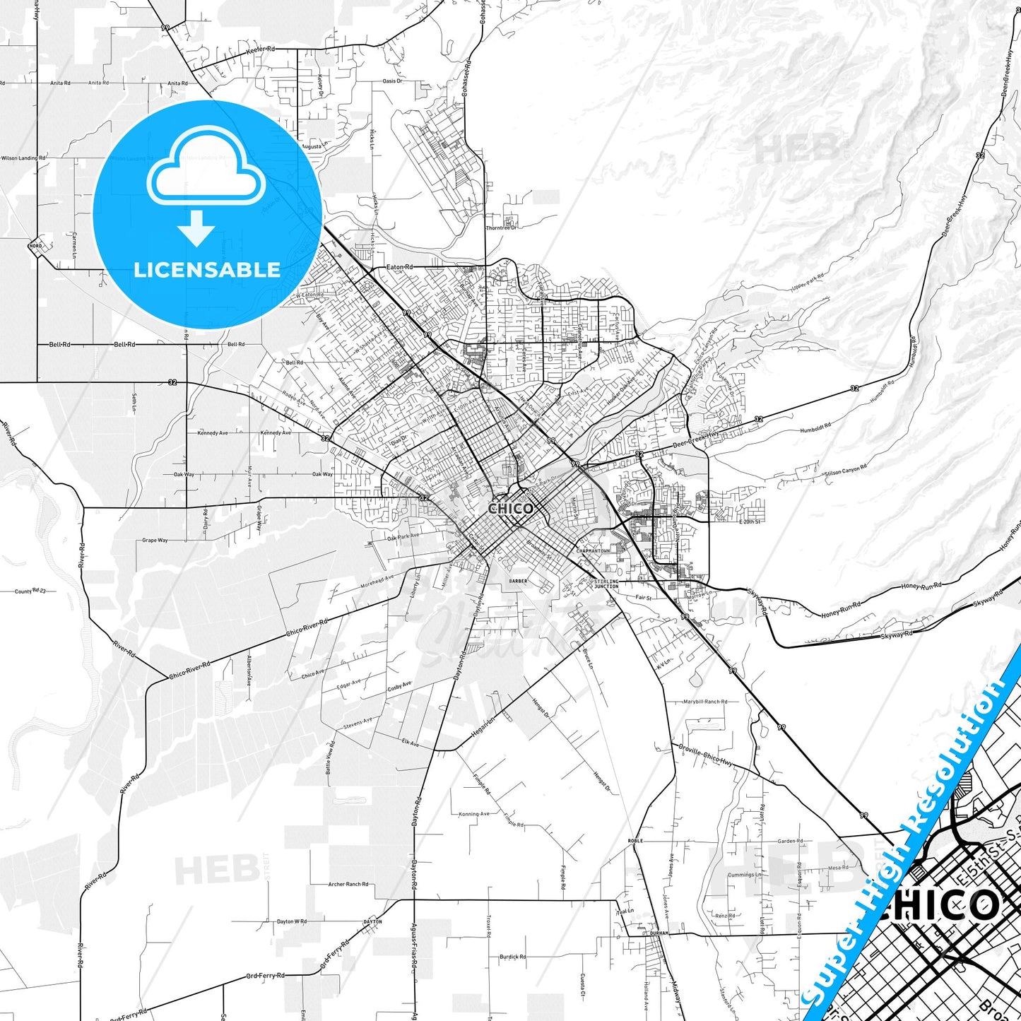 Chico, California light map with streetnames, citynames and districts