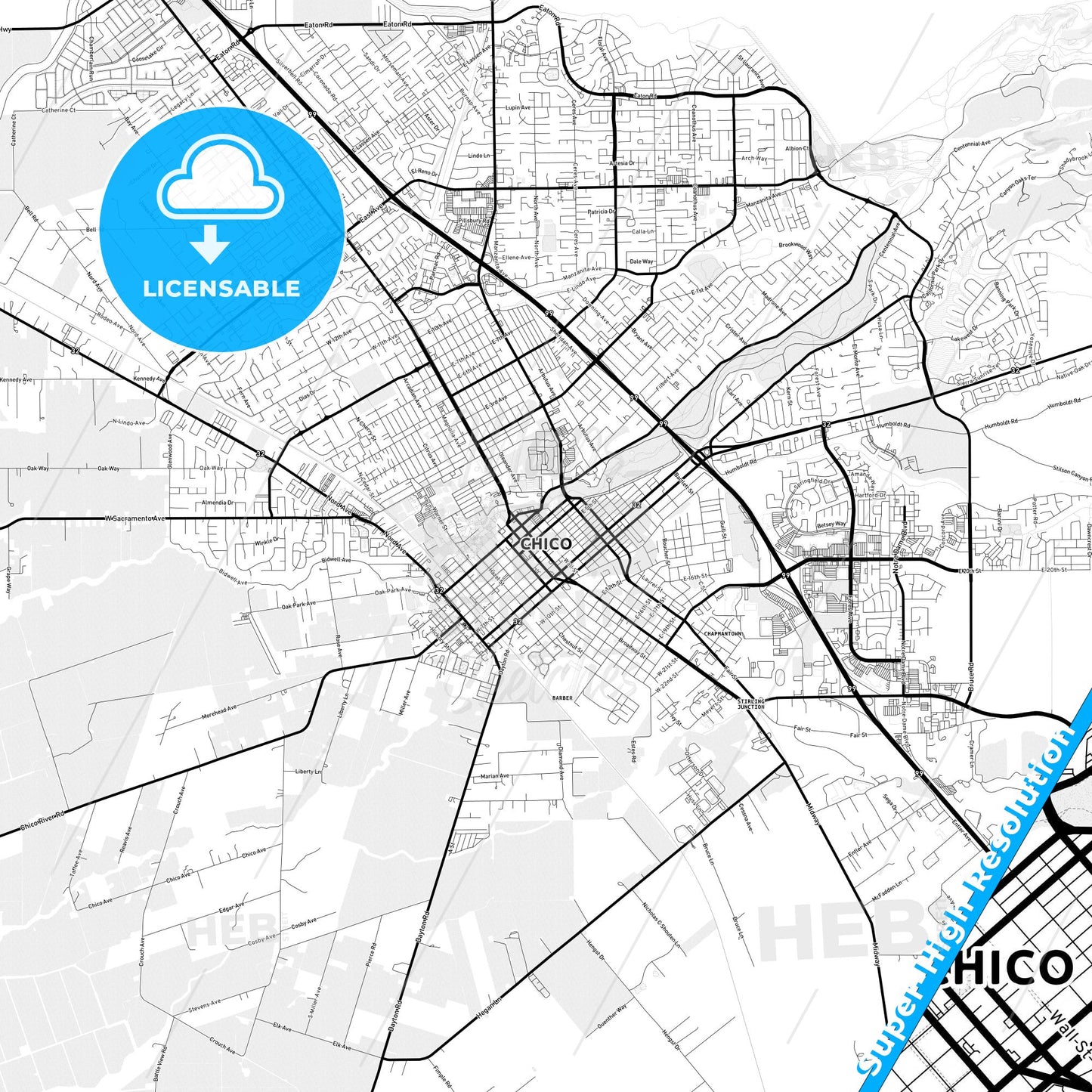 Chico, California Light Map with Street Names, City Names, and Districts