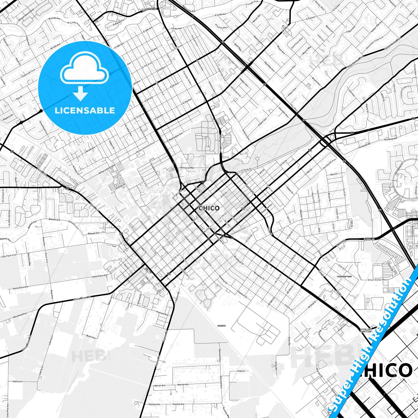 Chico, California Light Map with Street Names, City Names, and Districts