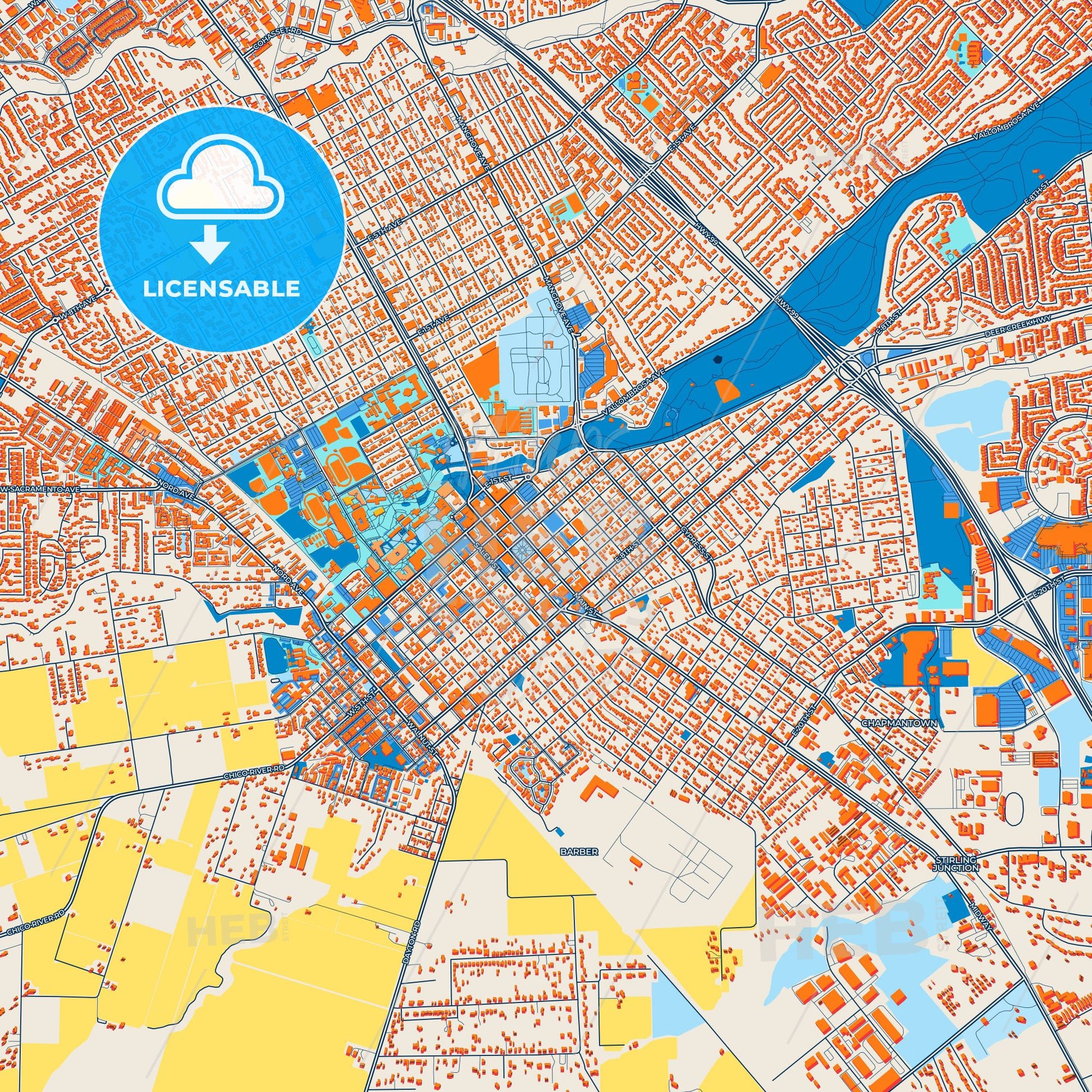 Colorful Chico Street Map with Labels and Buildings