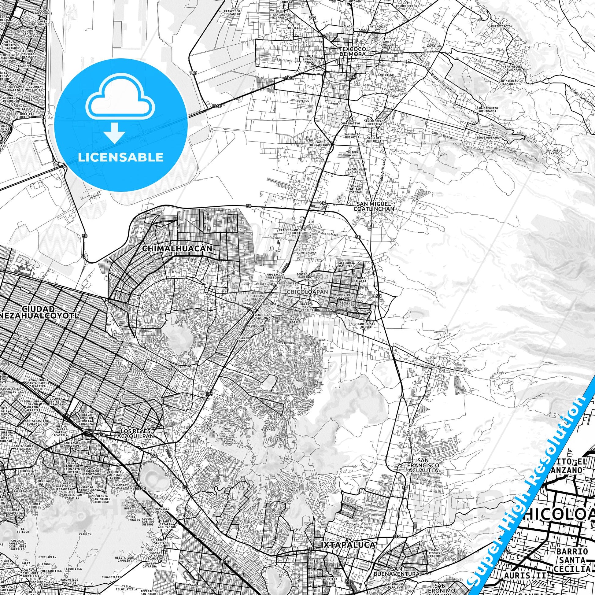 Chicoloapan de Juárez, Mexico light map with streetnames, citynames and districts