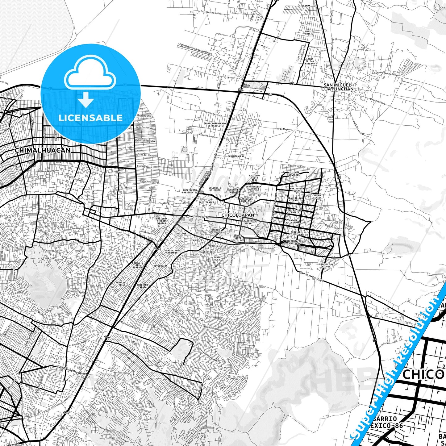 Chicoloapan de Juárez, Mexico Light Map with Street Names, City Names, and Districts