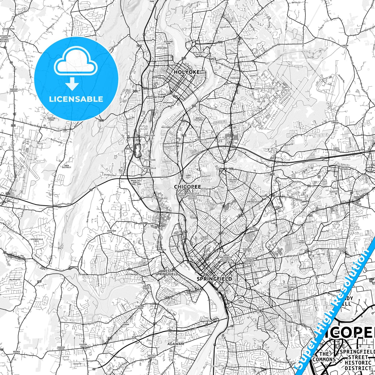 Chicopee, Massachusetts light map with streetnames, citynames and districts