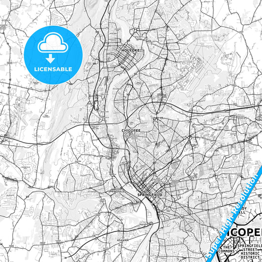 Chicopee, Massachusetts light map with streetnames, citynames and districts