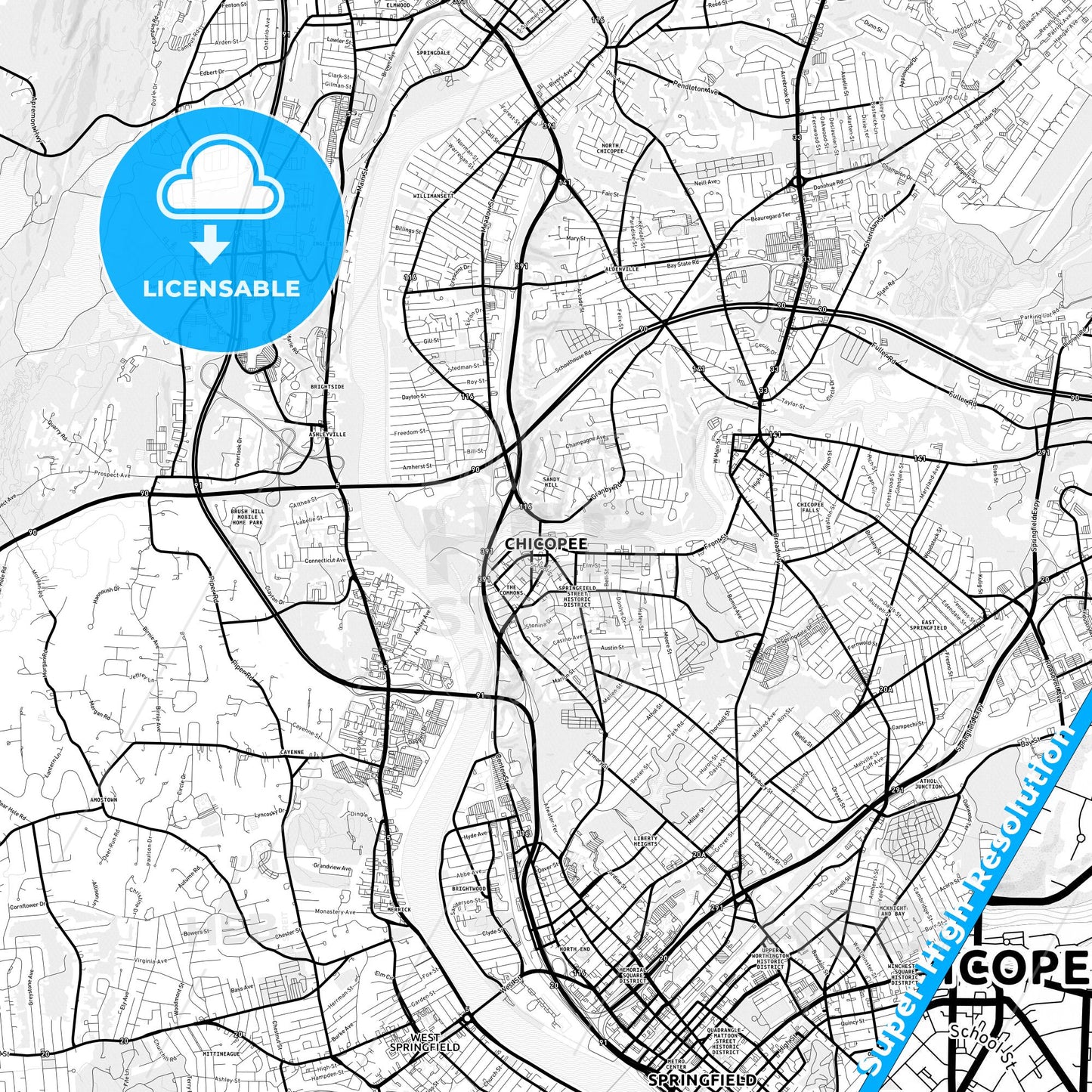 Chicopee, Massachusetts Light Map with Street Names, City Names, and Districts