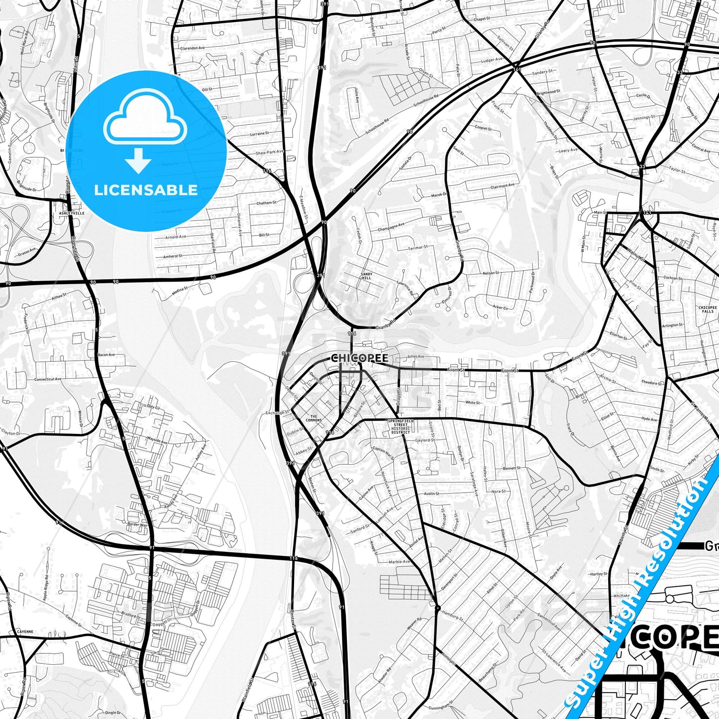 Chicopee, Massachusetts Light Map with Street Names, City Names, and Districts