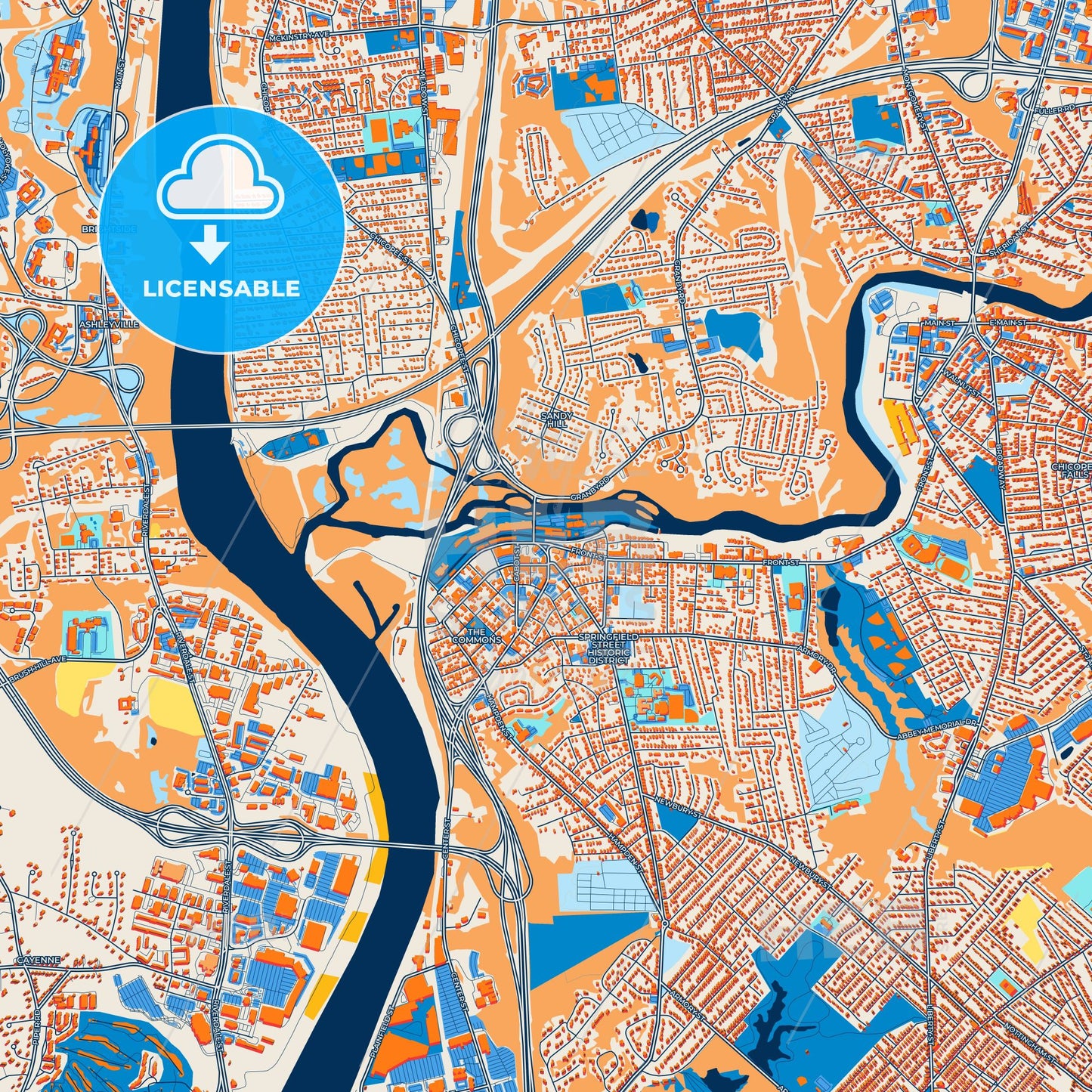 Colorful Chicopee Street Map with Labels and Buildings