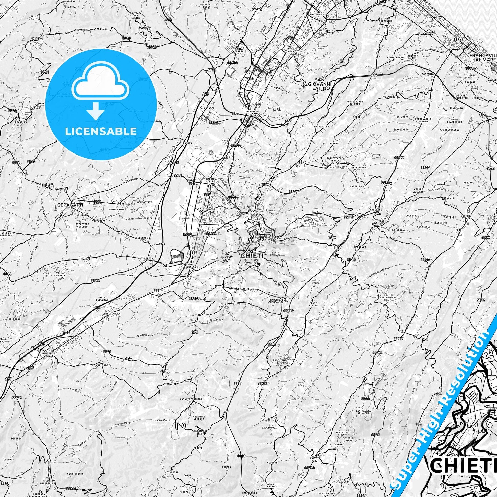Chieti, Italy light map with streetnames, citynames and districts