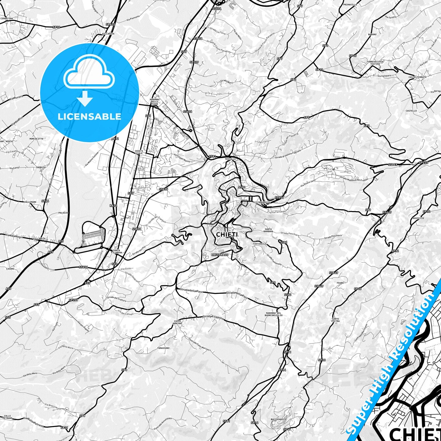 Chieti, Italy Light Map with Street Names, City Names, and Districts