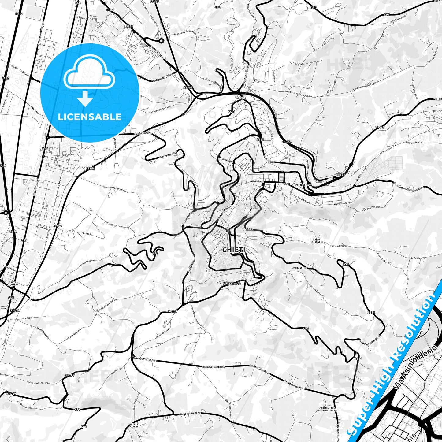 Chieti, Italy Light Map with Street Names, City Names, and Districts