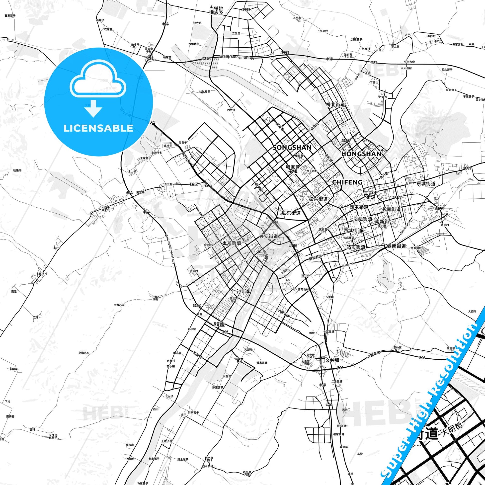 Chifeng, China light map with streetnames, citynames and districts