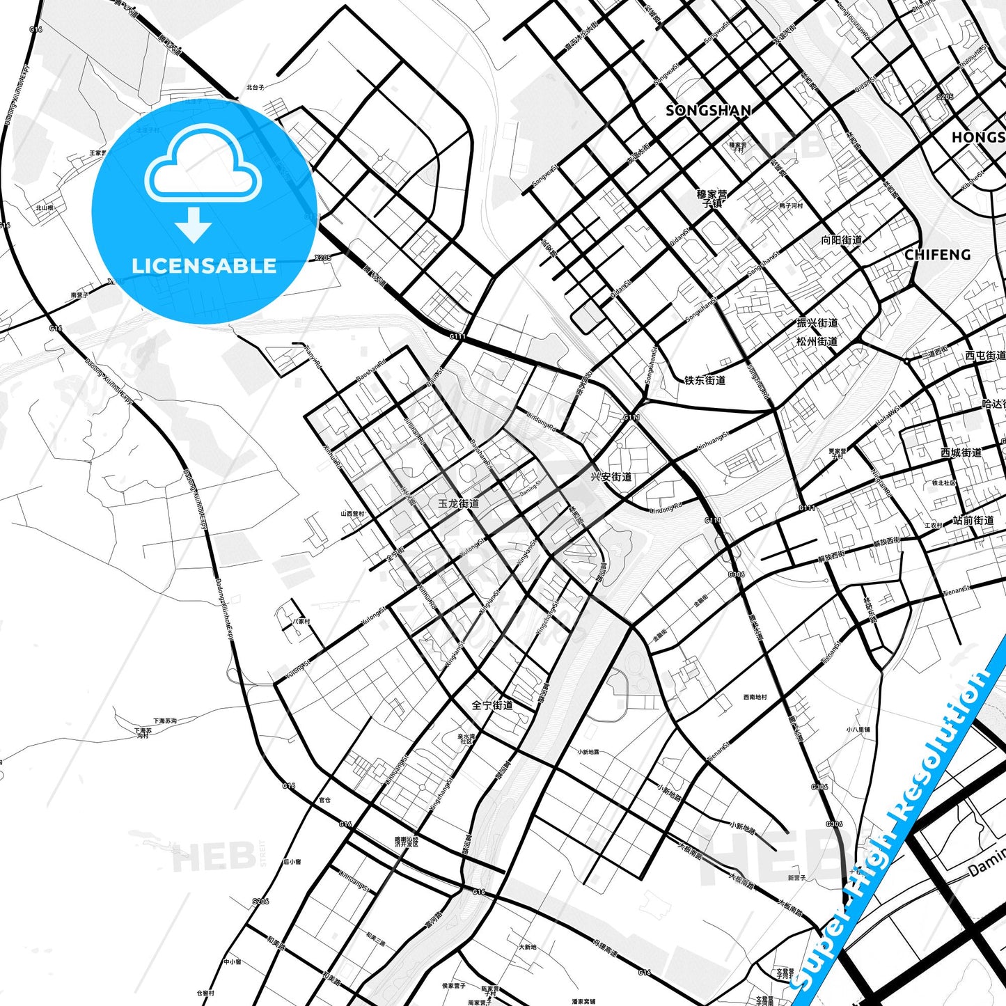 Chifeng, China Light Map with Street Names, City Names, and Districts