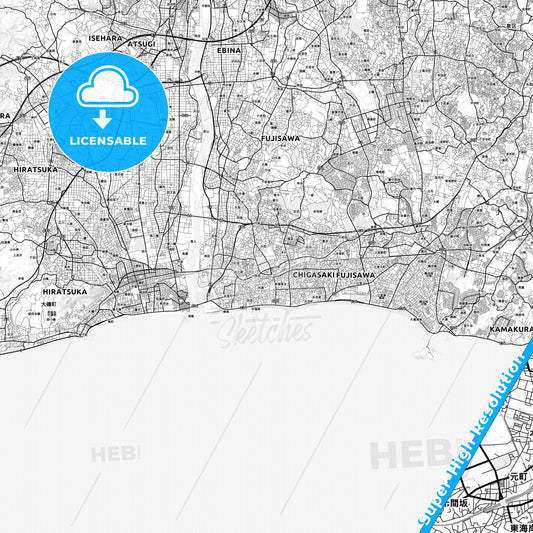 Chigasaki, Japan light map with streetnames, citynames and districts