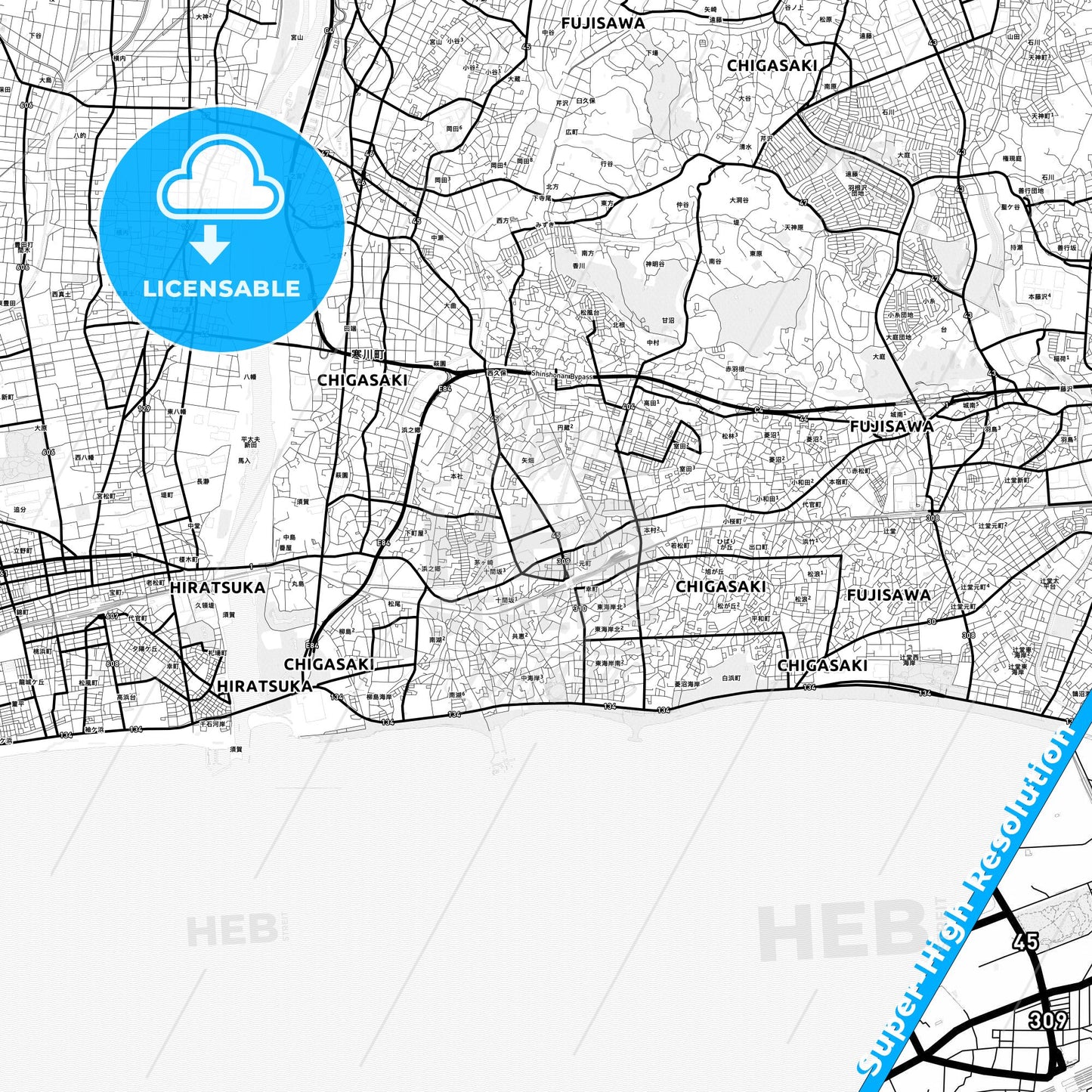 Chigasaki, Japan Light Map with Street Names, City Names, and Districts