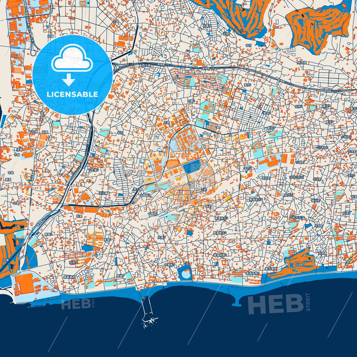 Colorful Chigasaki Street Map with Labels and Buildings