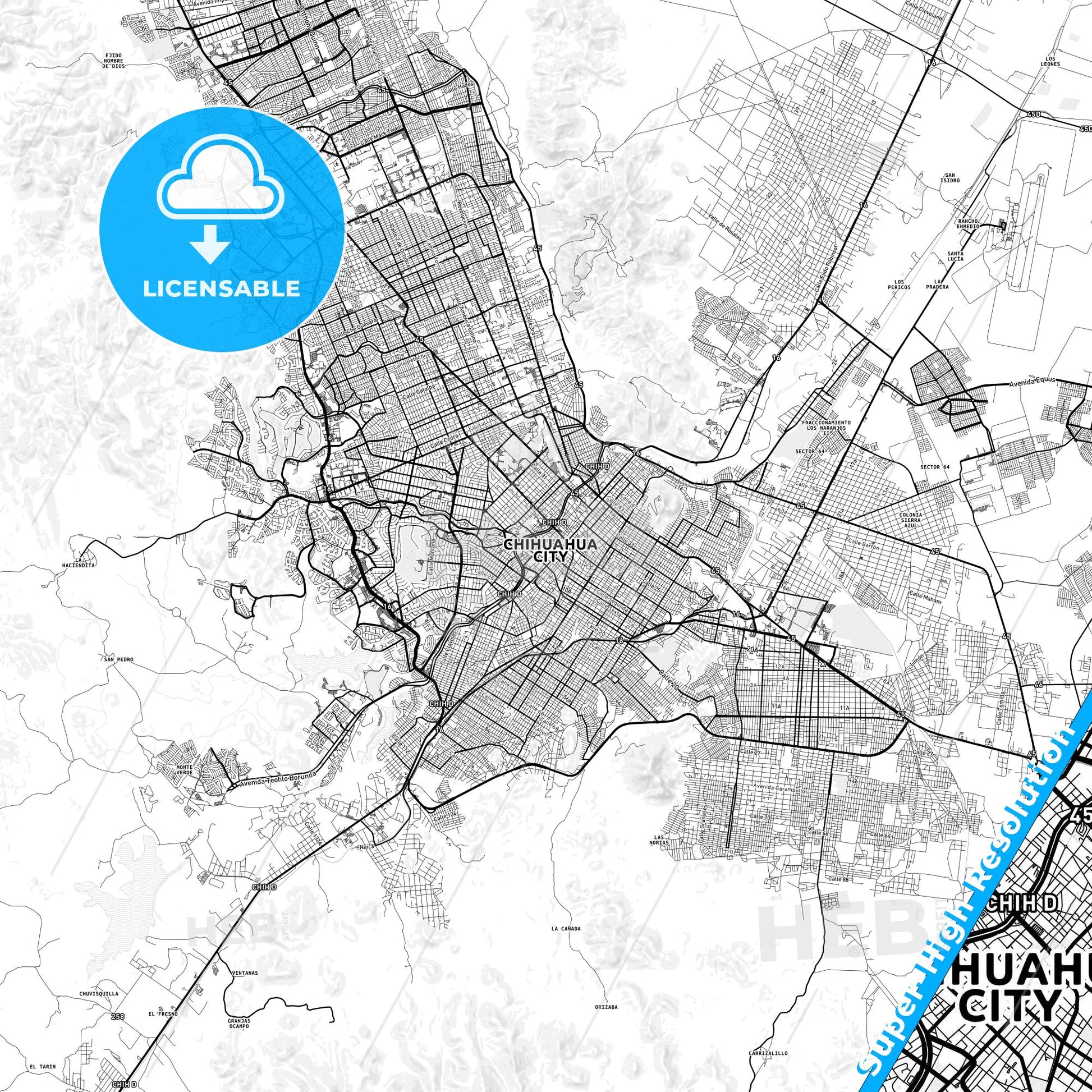 Chihuahua, Mexico light map with streetnames, citynames and districts