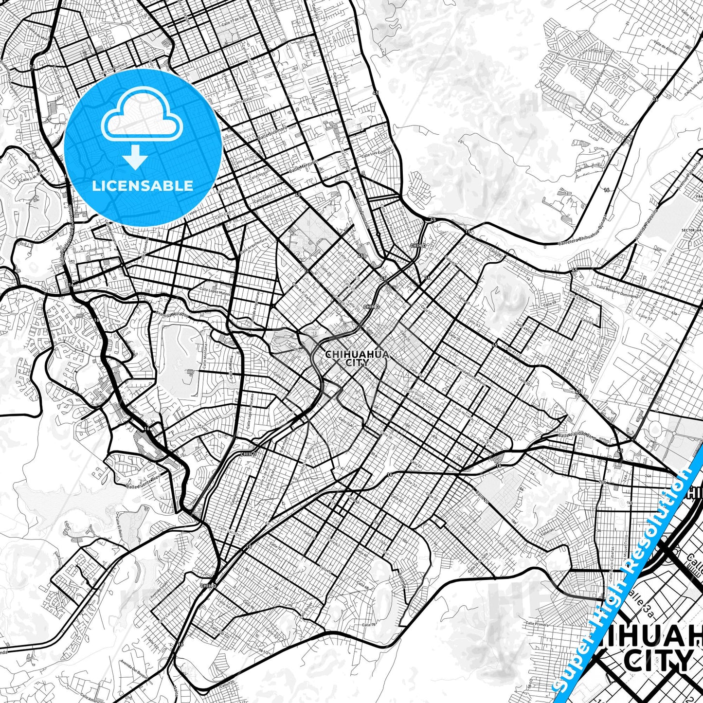 Chihuahua, Mexico Light Map with Street Names, City Names, and Districts