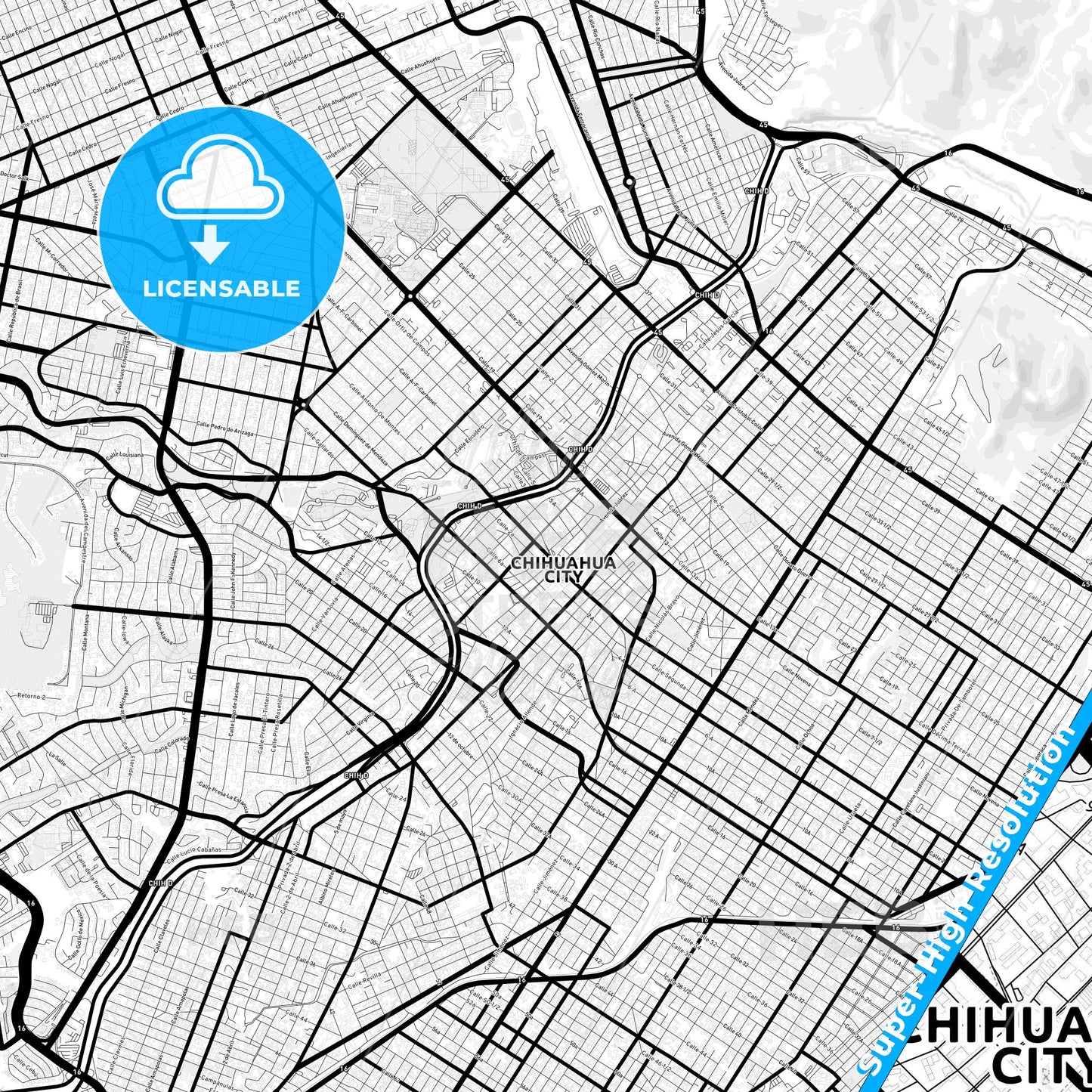 Chihuahua, Mexico Light Map with Street Names, City Names, and Districts