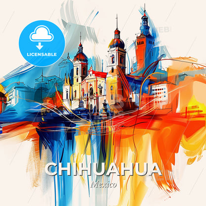 Vibrant Chihuahua, Mexico - A Painting Of A Building With Towers And Towers - Square format print template