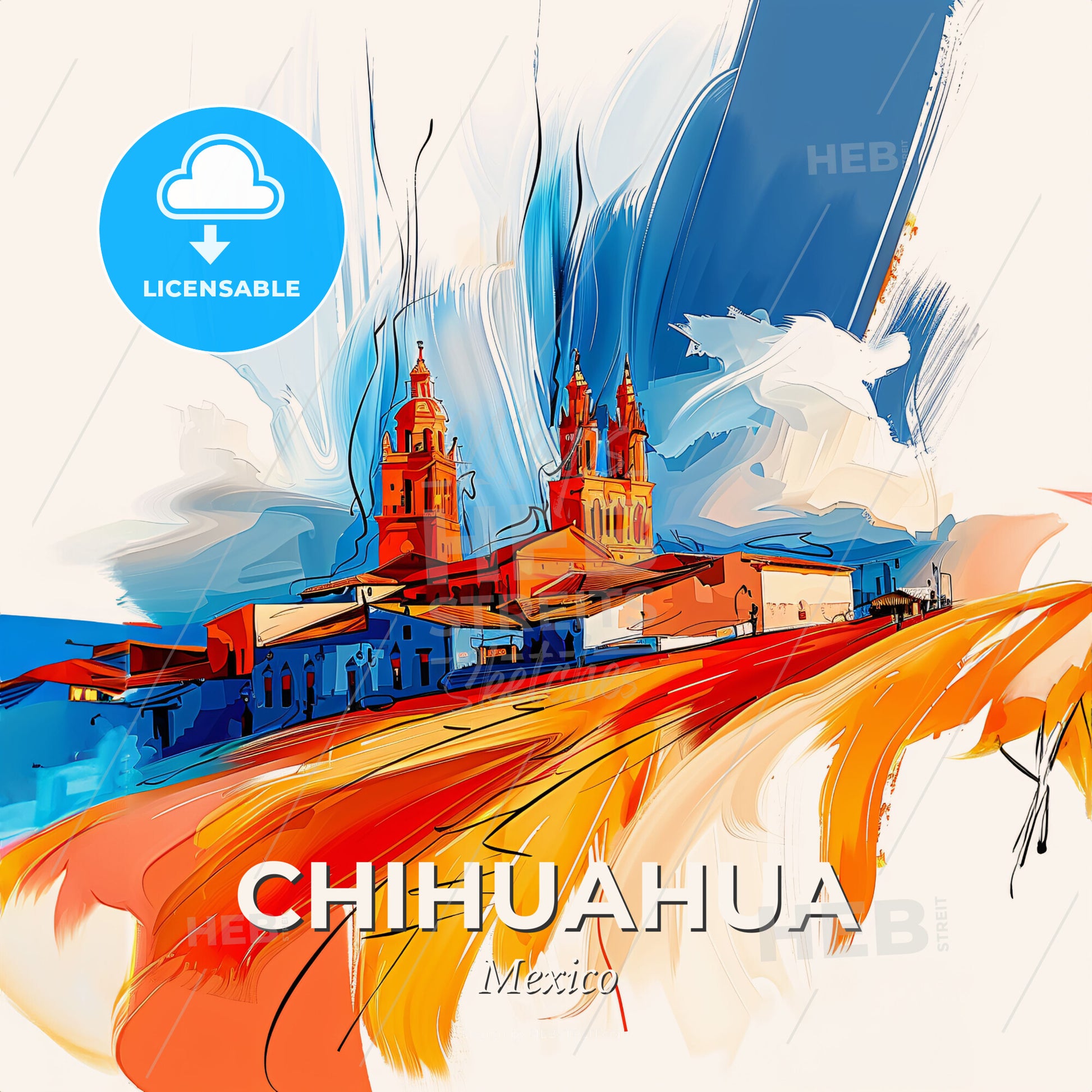 Vibrant Chihuahua, Mexico - A Painting Of A Building With Towers And A Colorful Sky - Square format print template