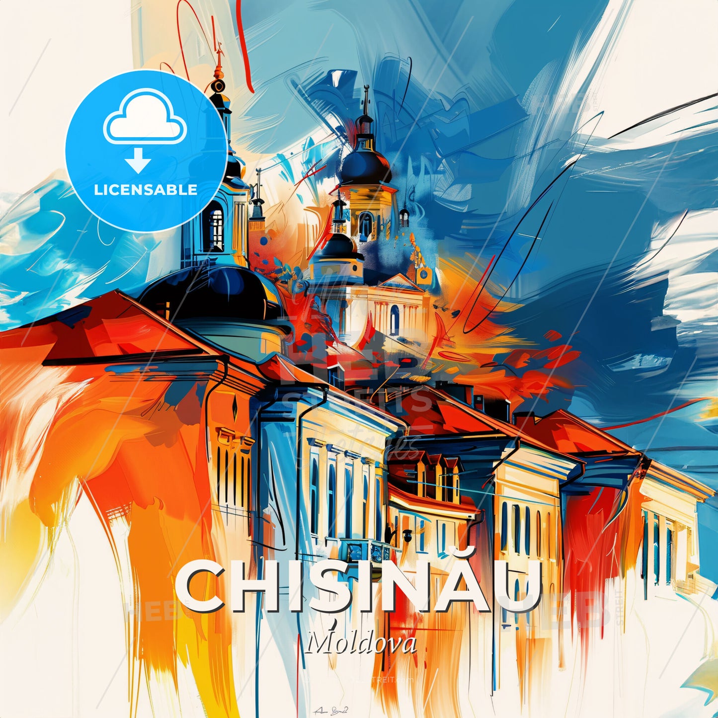 Vibrant Chișinău, Moldova - A Painting Of A Building With A Tower - Square format print template