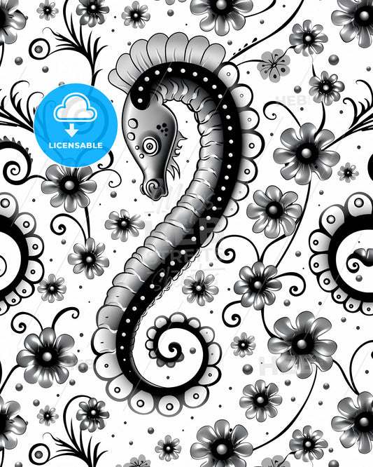 Whimsical Black and White Kid-Themed Art Painting Background with Flowers and Seahorse