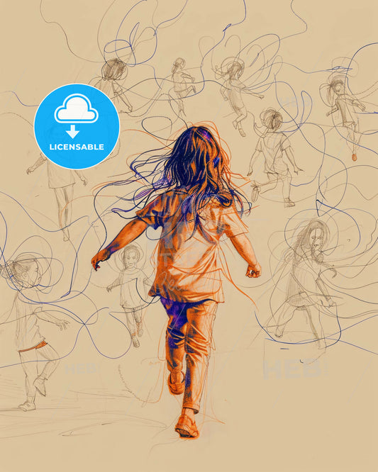 Elementary School Simplicity: Bold Strokes on Beige - A girl running with many drawings of people