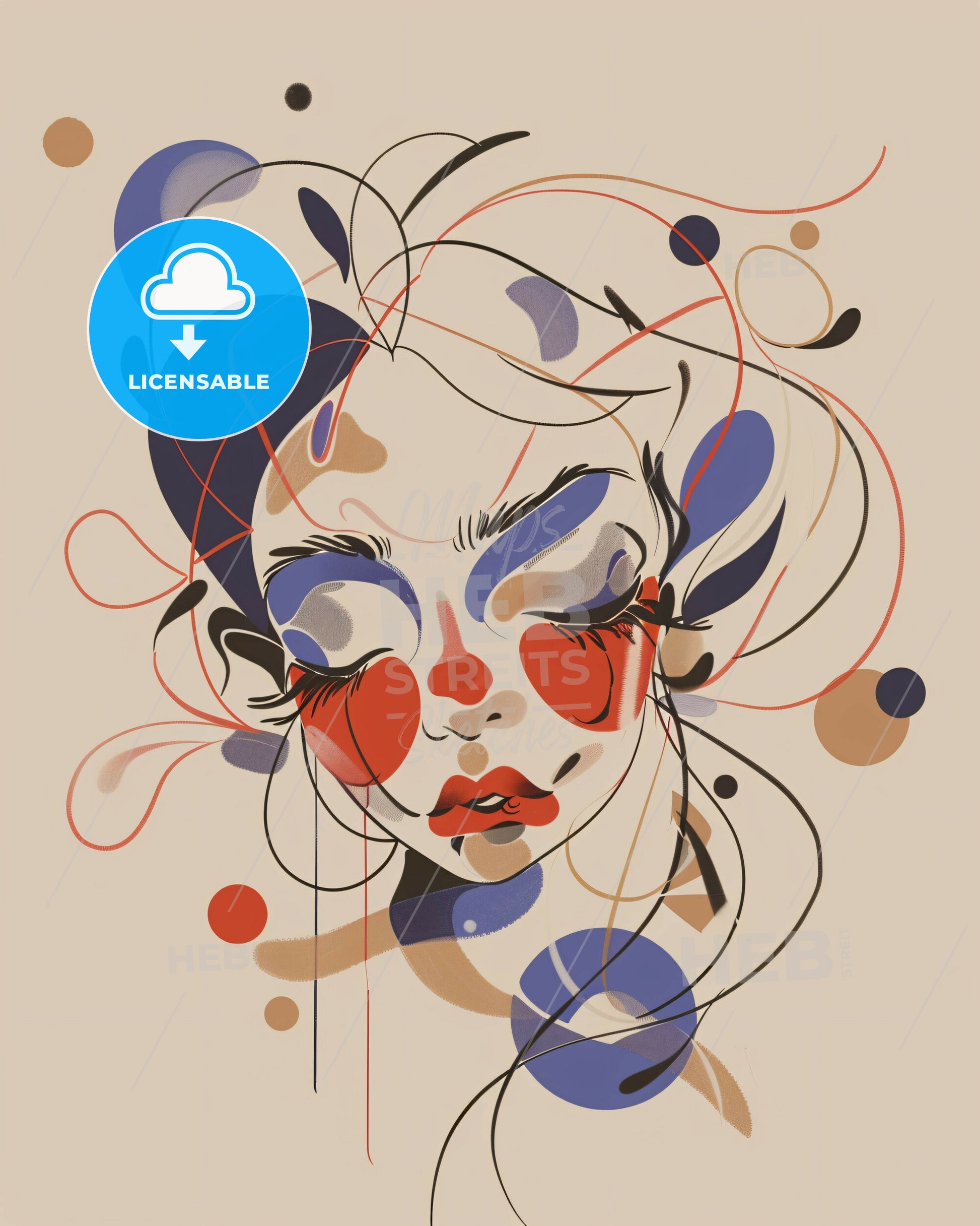 Melancholy Linework on Serene Beige - A woman with closed eyes and colorful lines