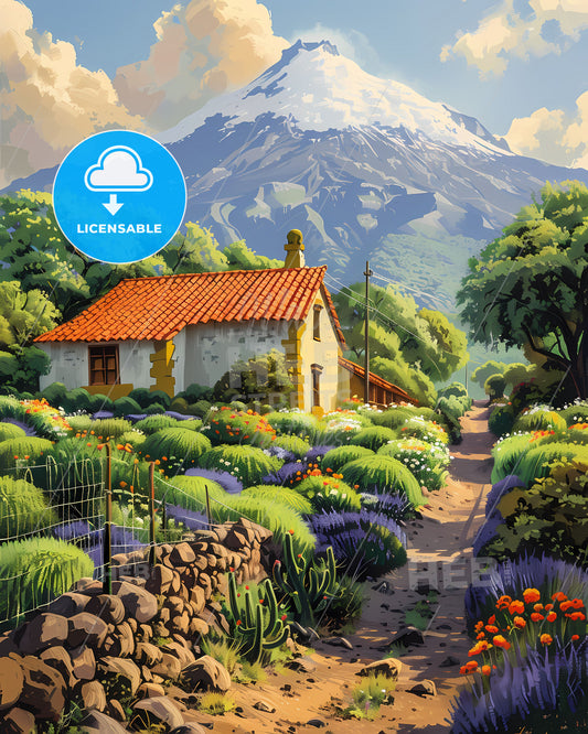 Vibrant Painting of a House with Garden and Mountain, Chile, South America, Focus on Art