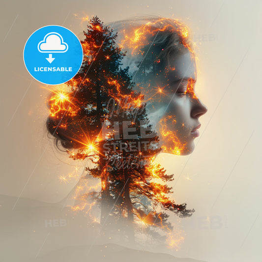 Chill and Thrill: The Adventure Awaits - A womans face with a tree and fire
