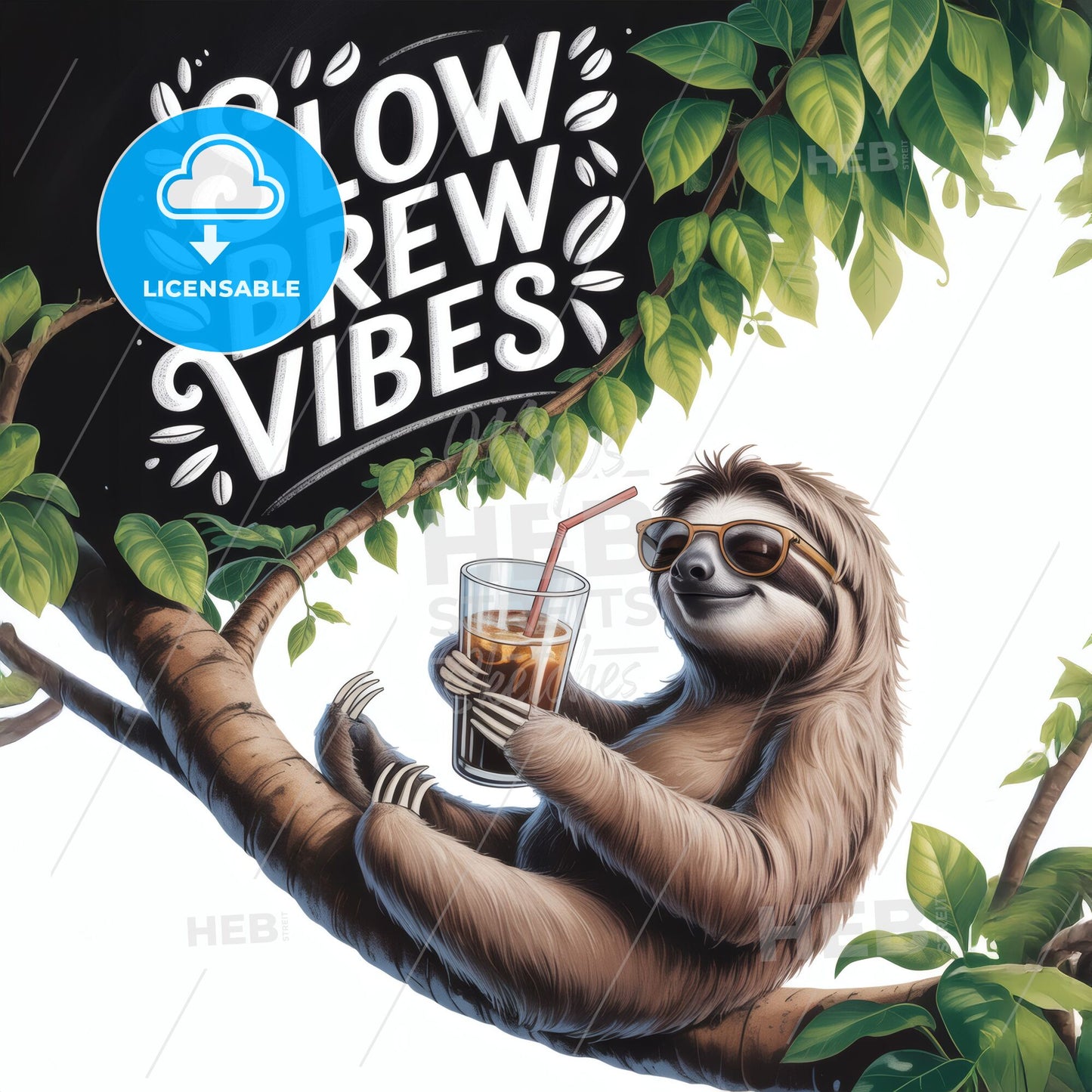 Chill Sloth Enjoying Iced Coffee in Tropical Setting with Fun Typography for Relaxed Vibes
