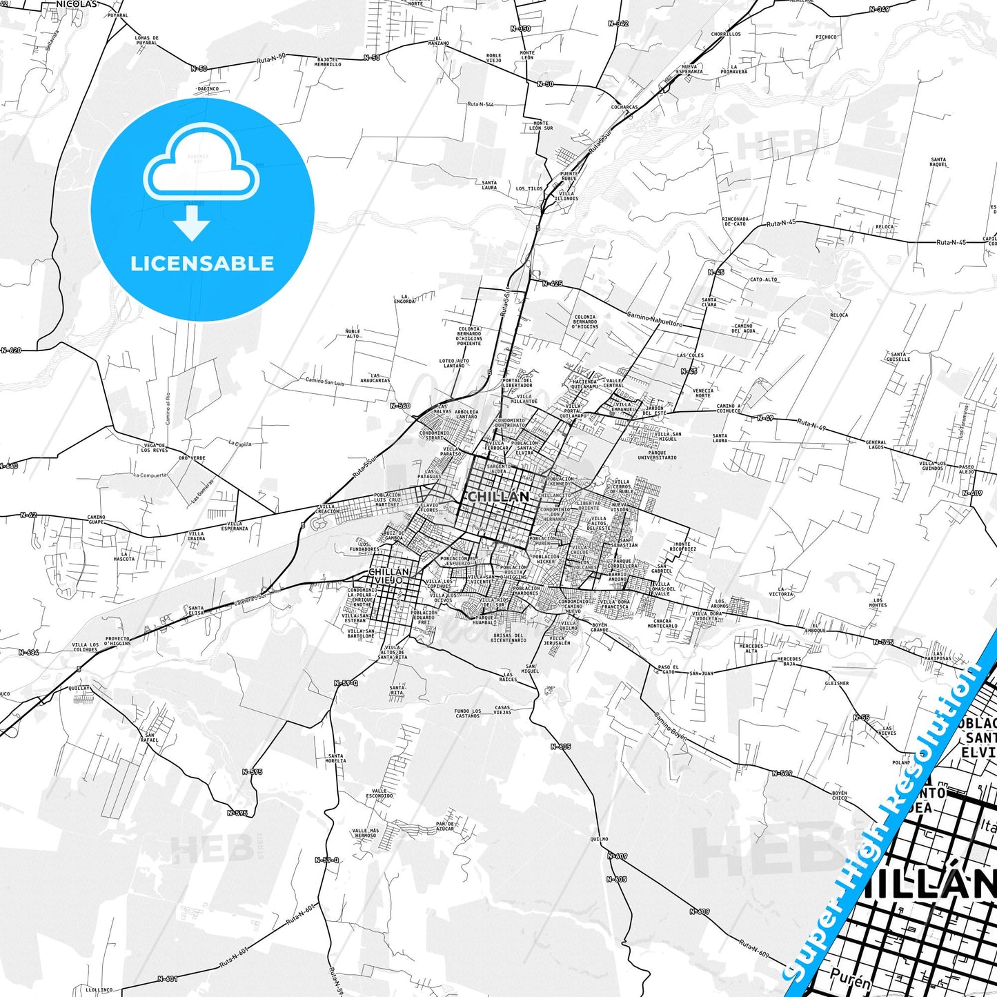 Chillan, Chile light map with streetnames, citynames and districts