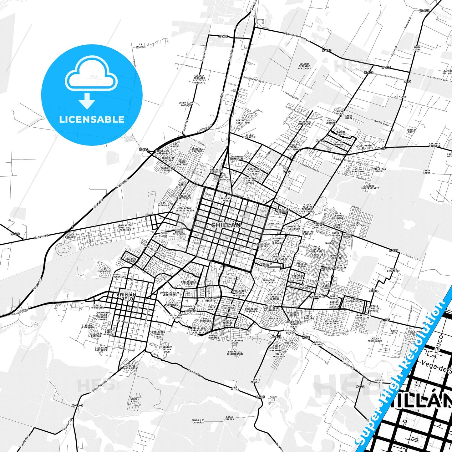 Chillan, Chile Light Map with Street Names, City Names, and Districts