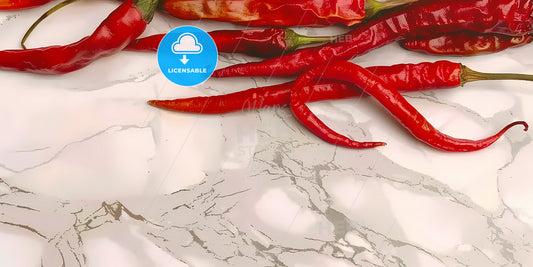 Vibrant Abstract Chilli Peppers Art Background, Marble Surface, Copy Space