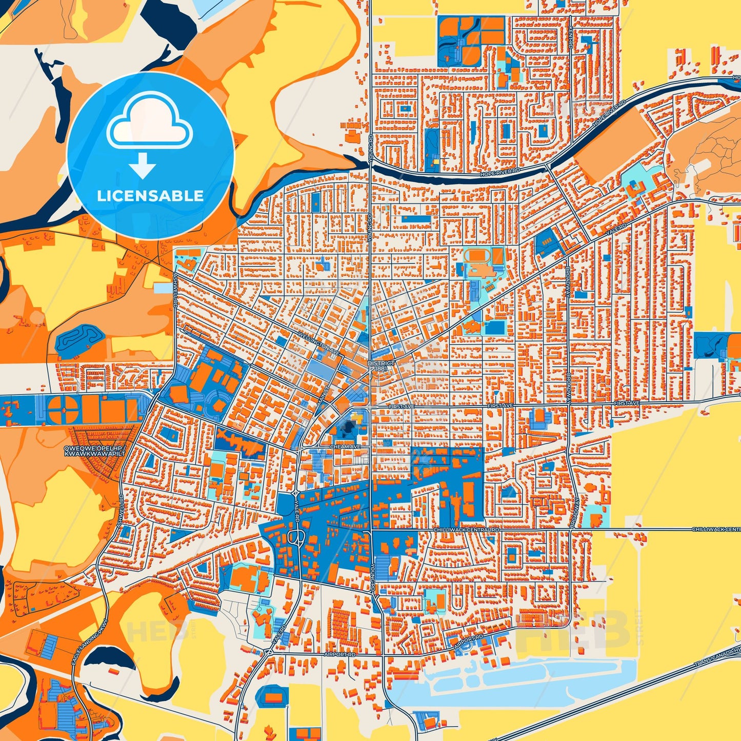 Colorful Chilliwack Street Map with Labels and Buildings