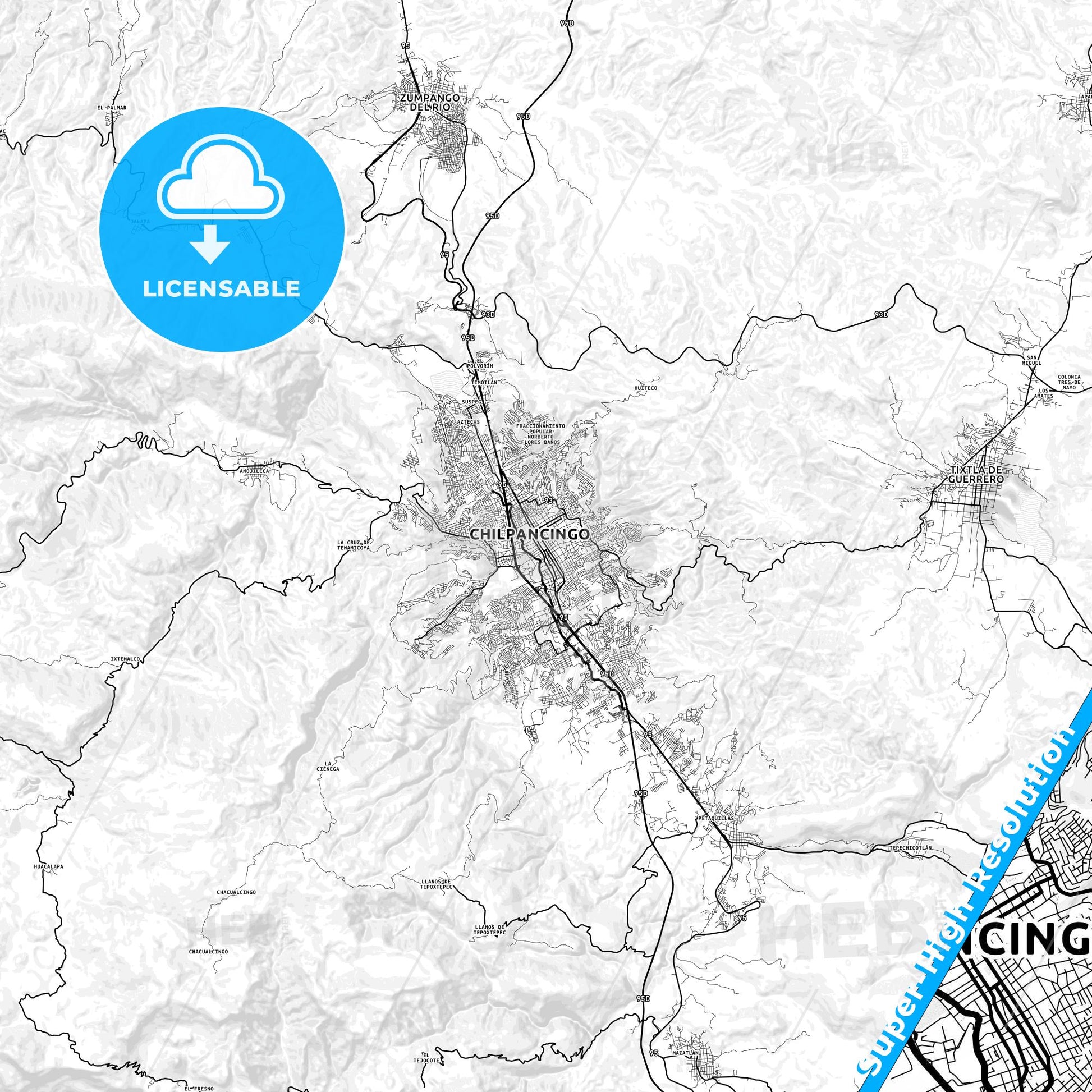 Chilpancingo, Mexico light map with streetnames, citynames and districts