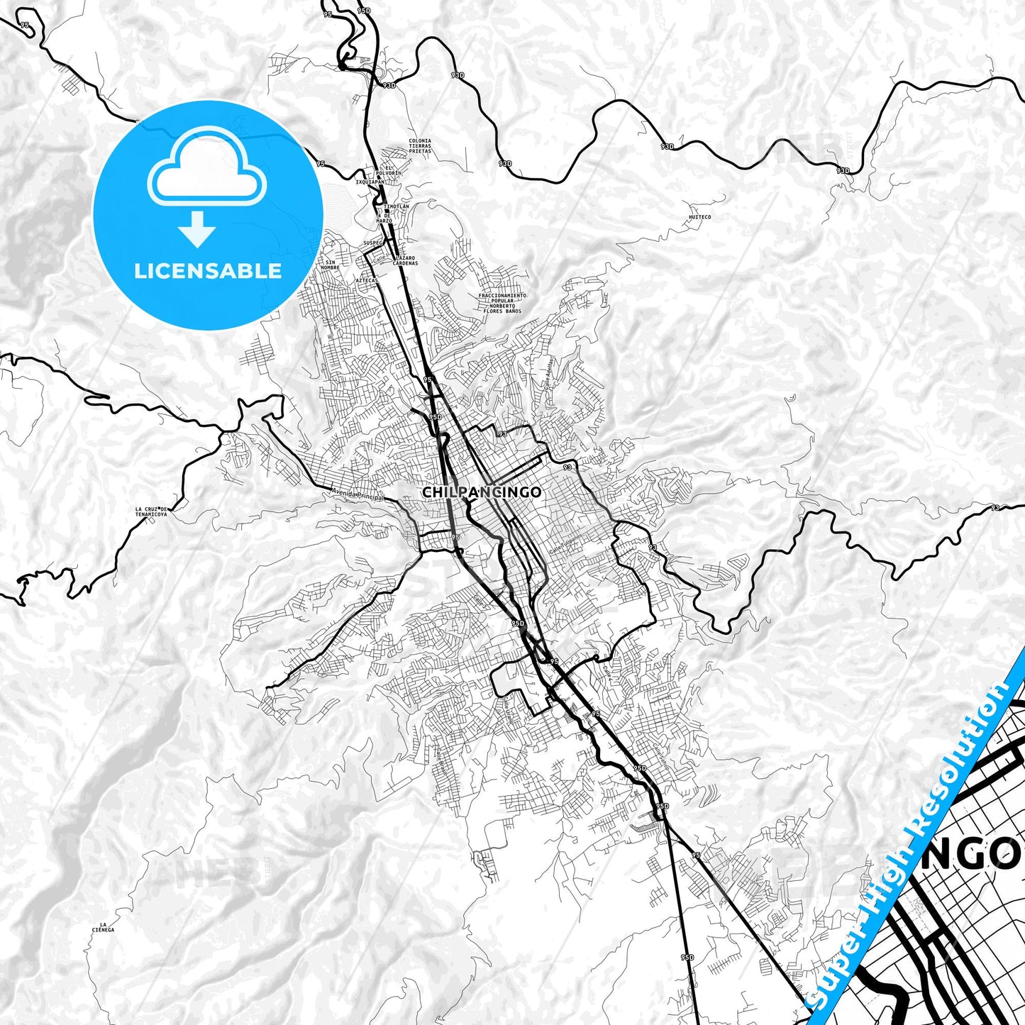 Chilpancingo, Mexico Light Map with Street Names, City Names, and Districts