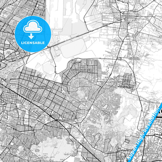 Chimalhuacán, Mexico light map with streetnames, citynames and districts