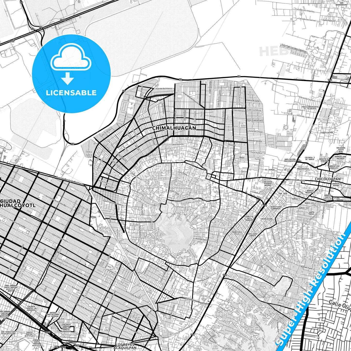 Chimalhuacán, Mexico Light Map with Street Names, City Names, and Districts