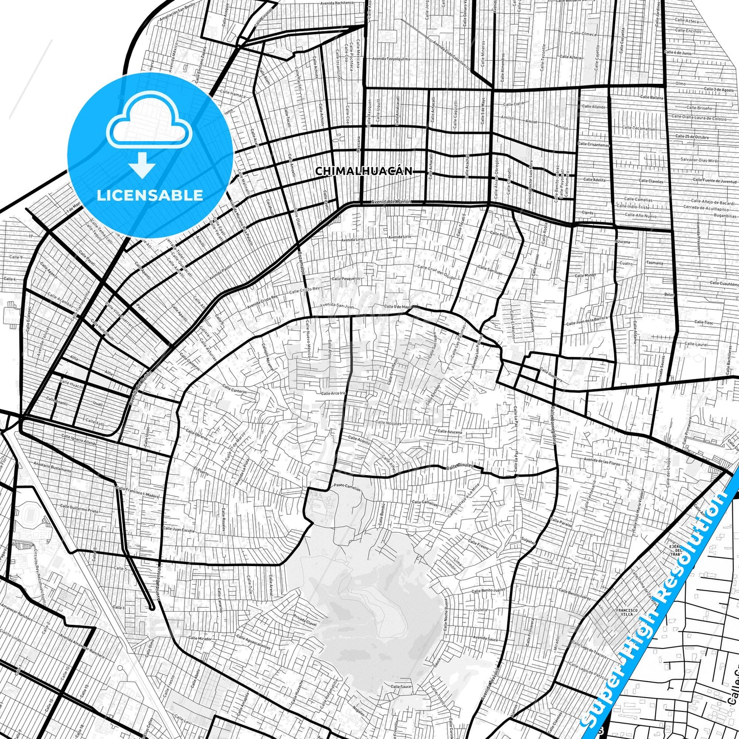 Chimalhuacán, Mexico Light Map with Street Names, City Names, and Districts