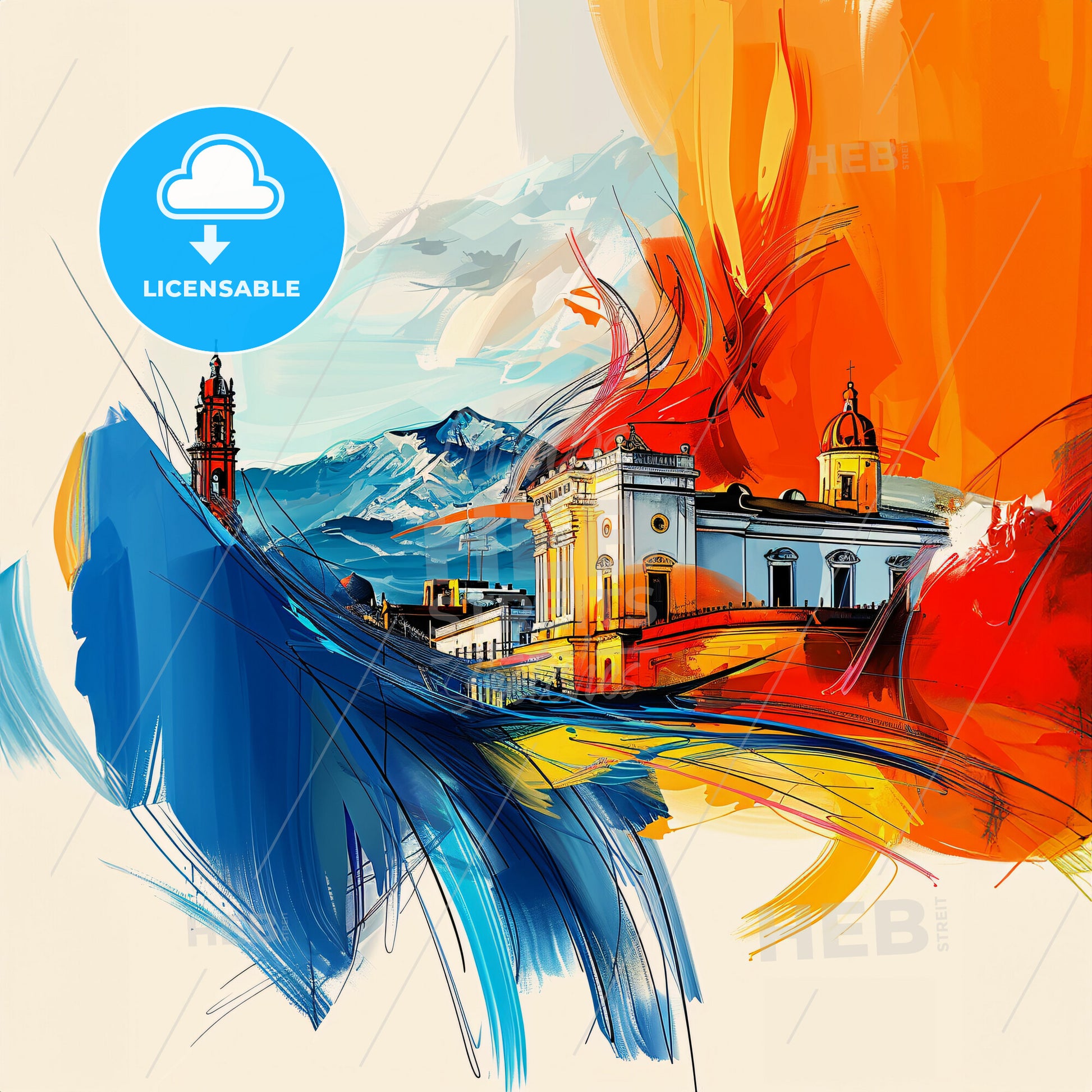 Vibrant Chimalhuacán, Mexico - A Painting Of A Building With A Mountain In The Background