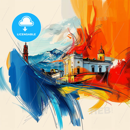 Vibrant Chimalhuacán, Mexico - A Painting Of A Building With A Mountain In The Background